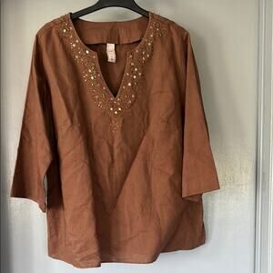 Old Navy Plus Women's Brown Beaded Pullover Tunic Top Linen Blend 3/4 Sleeves 2X